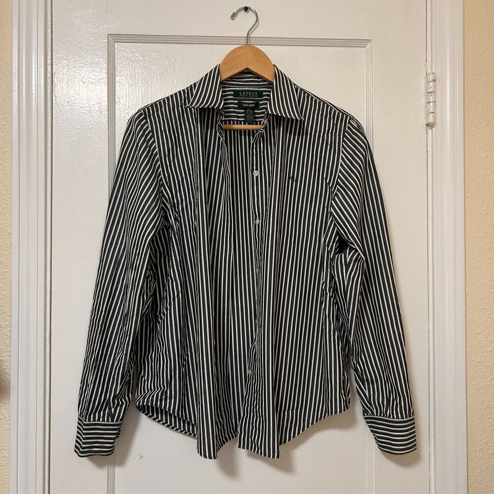 Lauren Ralph Lauren Non-Iron Striped Button Shirt Women's L Black White